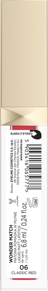 Eveline Wonder Match Matte Liquid Lipstick No. 06 Classic Red 6.8ml