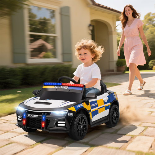 AIYAPLAY Kids Electric Ride on Police Car with Remote Control, Music, Horn, Siren Flashing Lights for 3-5 Years Old, Multicolour