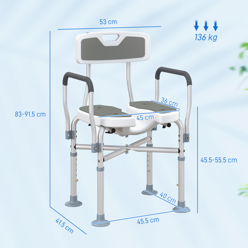 HOMCOM Shower Chair with Hygiene Cut-Out Seat and Reinforced Crossbars, Height Adjustable Padded Bath Chair with Non-slip Feet for Elderly Seniors Disabled Handicap, Tool-Free Assembly, Grey