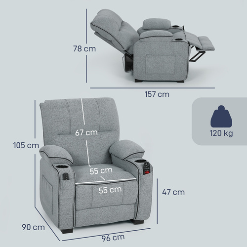 HOMCOM Electric Massage Recliner Armchair with Vibration, Heat, Whisper-Quiet Motor, Memory Function, Velvet Power Reclining Chair with Spring Pack, USB Port, Footrest, Side Pocket, Cup Holders, Grey