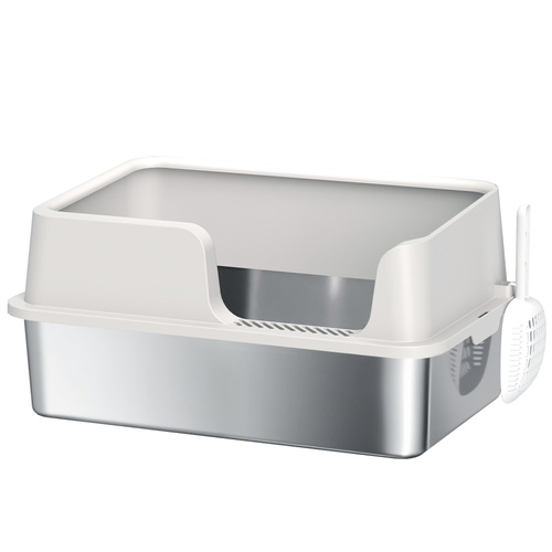 PawHut Stainless Steel Litter Box with Detachable Rim, Scoop, Easy Cleaning, Odour-Resistant, 60 x 40 x 28 cm