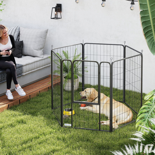 PawHut Six-Panel Dog Playpen with Door, for Large Dogs, Indoors, Outdoors, 100cm Tall, Black