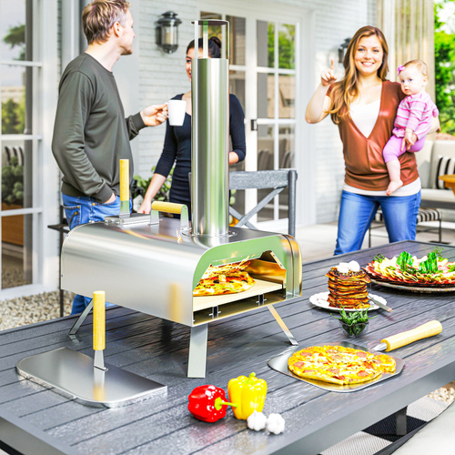Outsunny Outdoor Pizza Oven, Portable Wood Pellet Pizza Oven with Pizza Stone and Peel, Foldable Legs, Chimney, 12 Inch Wood Fired Pizza Maker for Outdoor Cooking, Stainless Steel