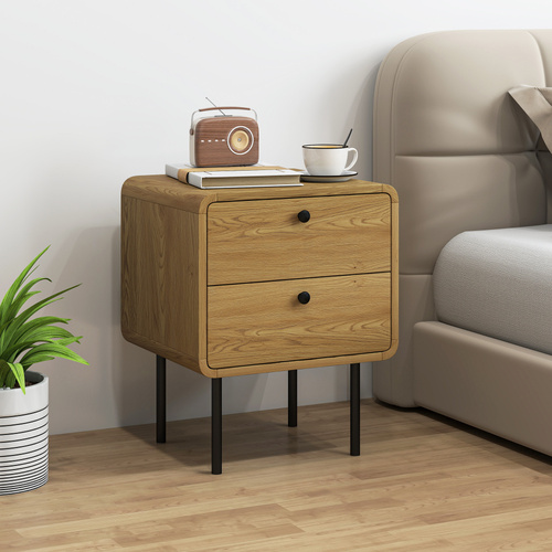 HOMCOM Bedside Table with 2 Drawers and Steel Legs - Oak