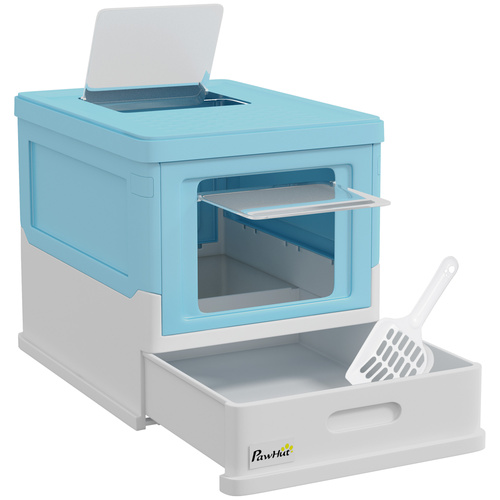 PawHut Hooded Cat Litter Box, Portable Pet Toilet, with Scoop, Front Entry - Light Blue