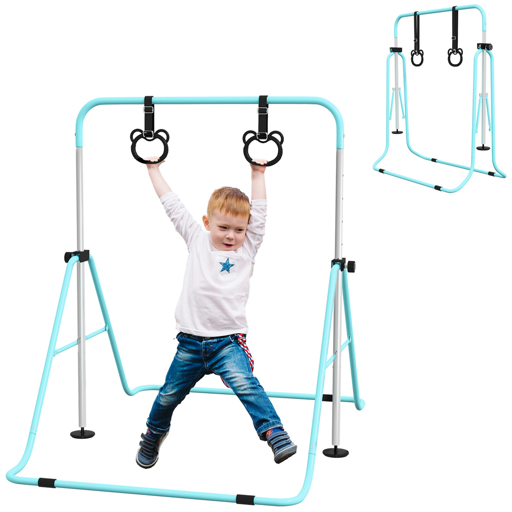 HOMCOM Adjustable Height, Foldable Kids Gymnastics Bar w/ Non-slip Rubber Floor Rings, for 3+ Years, Green