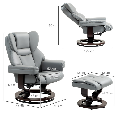 HOMCOM 360° Swivel Recliner Chair with Footstool, PU Leather Manual Recliner Armchair with Footstool, Solid Wood Base, Upholstered Reclining Chair for Living Room, Bedroom, Office, Light Grey
