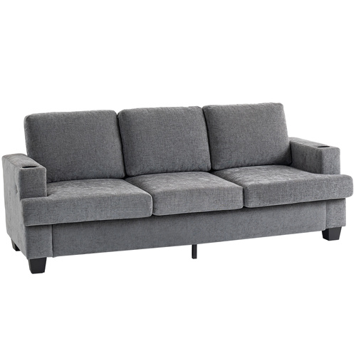 HOMCOM 3 Seater Sofa with USB Ports & Cup Holders - Grey