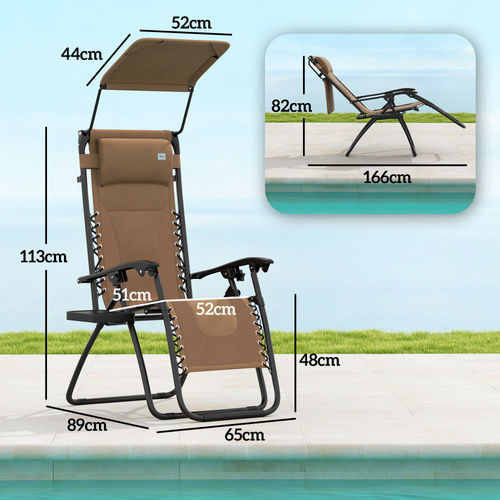 Outsunny Zero Gravity Lounger Chair Set of 2, Folding Reclining Patio Chair with Shade Cover, Cup Holder, Soft Cushion and Headrest for Poolside, Camping, Coffee