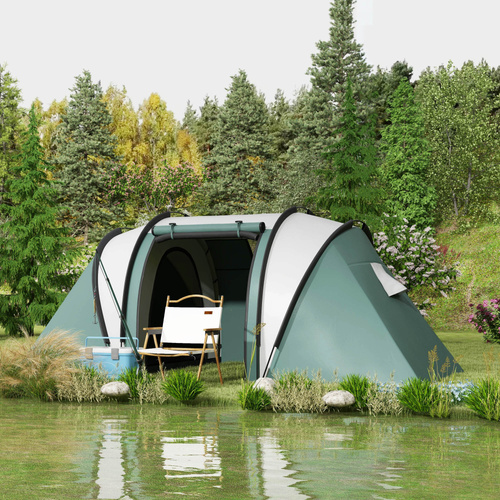 Outsunny Two-Man Tent, with Bedrooms, Living Room and Canopy - Dark Green