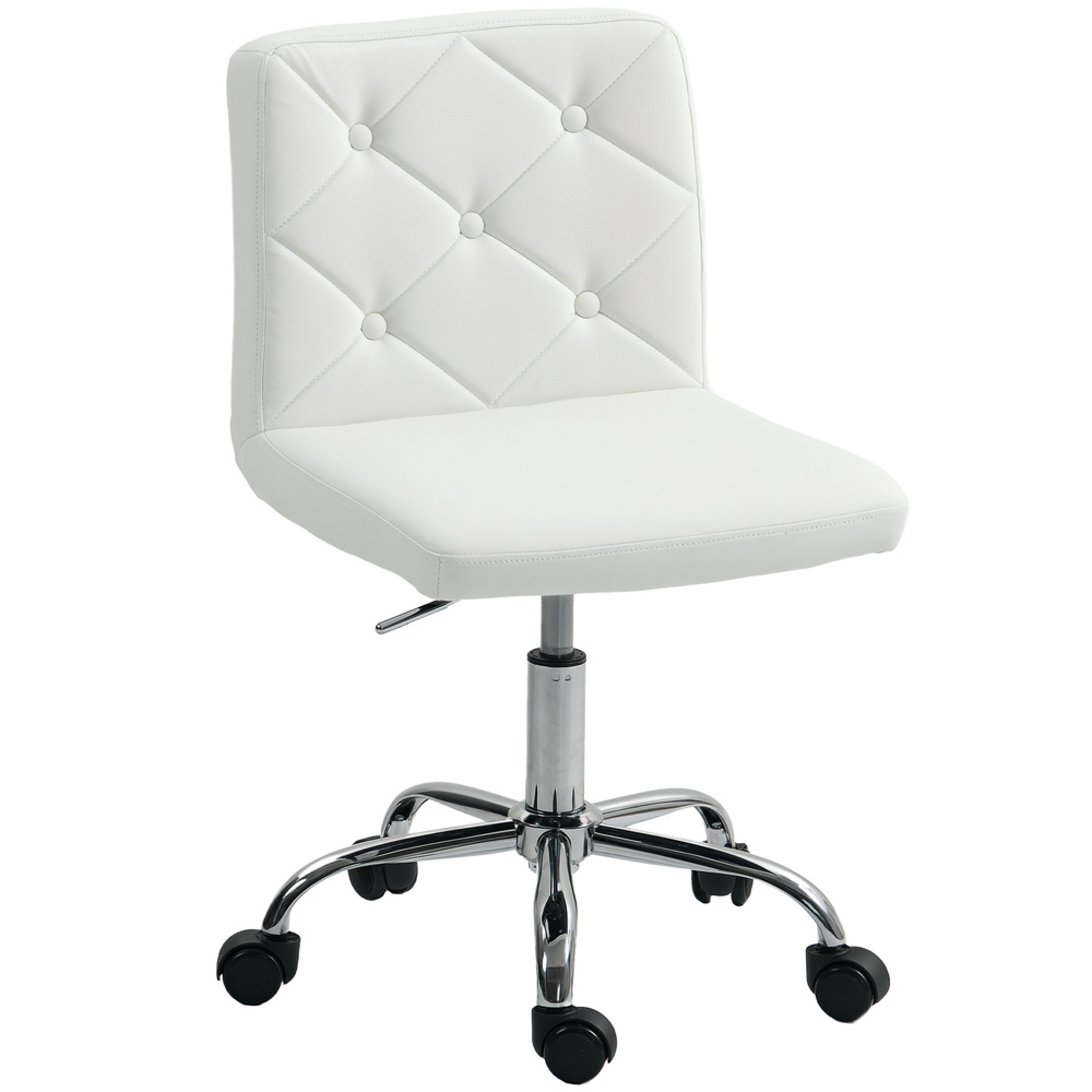 HOMCOM PU Leather Armless Office Chair, Modern Vanity Computer Swivel Chair with Rolling Wheels and Adjustable Height for Home Study, Bedroom, White