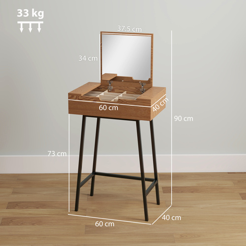HOMCOM Vanity Desk with Flip-Up Mirror, Industrial Dressing Table with 16 Small Compartments for Bedroom, Natural Wood Effect
