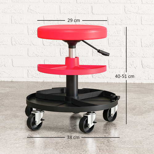 HOMCOM Rolling Mechanic Stool, 135kg Capacity Workshop Stool, 360° Swivel Roller Padded Creeper Seat with Wheels, Tool Trays Storage for Garage, Shop, Auto Repair, Red