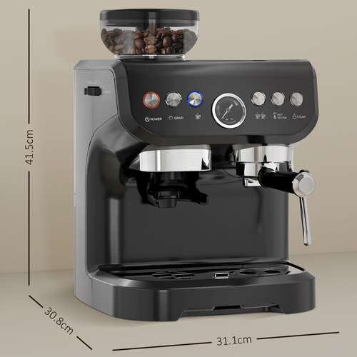 HOMCOM 15 Bar Coffee Machine, with Adjustable Grind, Steamer and Accessories - Black
