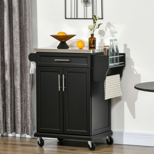 HOMCOM Wooden Kitchen Island on Wheels, Serving Cart Storage Trolley with Stainless Steel Top, Drawer, Side Handle and Rack, Black