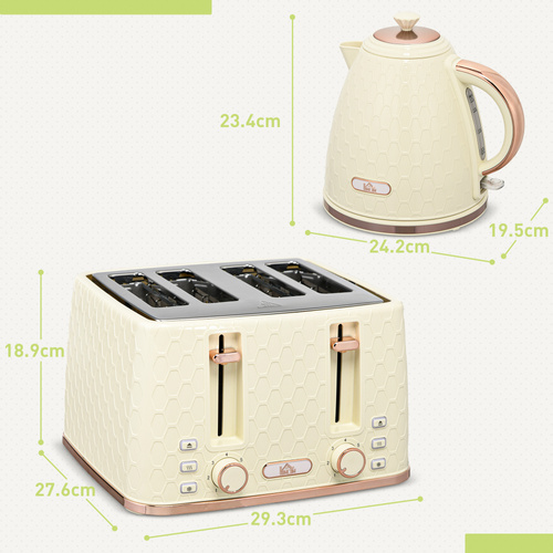HOMCOM Kettle and Toaster Set, 1.7L 3000W Fast Boil Jug Kettle, 4 Slice Toaster with 7 Level Browning Controls, Beige