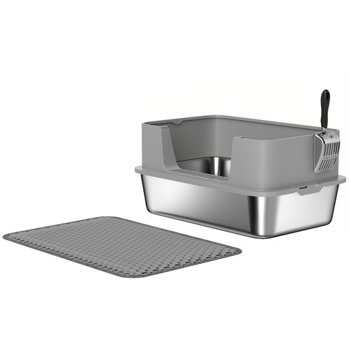 PawHut High Sided Stainless Steel Litter Box, Metal Cat Litter Tray with Metal Scoop, Litter Mat, Never Absorbs Odors, Grey