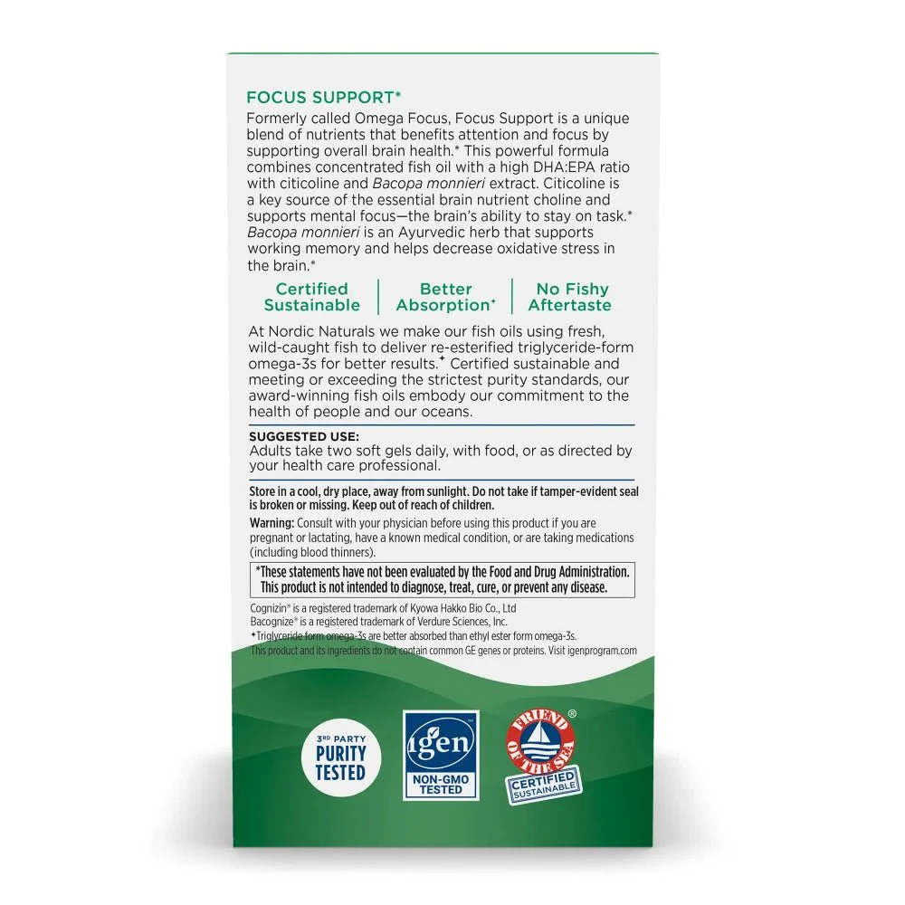 Nordic Naturals Focus Support Wyciąg z Bacopa Monnieri Wspiera Pamięć i Koncentrację 60 Kapsułek