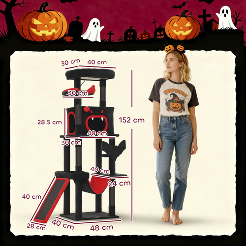 PawHut Gothic Cat Tree, 152 cm Multi-Level Cat Tower for Large Cats with Coffin Bed, Large Condo, for Halloween