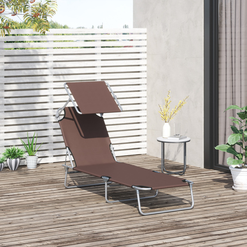 Outsunny Outdoor Foldable Sun Lounger, 4 Level Adjustable Backrest  Reclining Sun Lounger Chair with Angle Adjust Sun Shade Awning for Beach, Garden, Patio, Brown