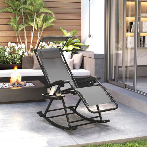 Outsunny Garden Rocking Chair Folding Recliner Outdoor Adjustable Sun Lounger Rocker Zero-Gravity Seat with Headrest Side Holder Patio Deck - Grey