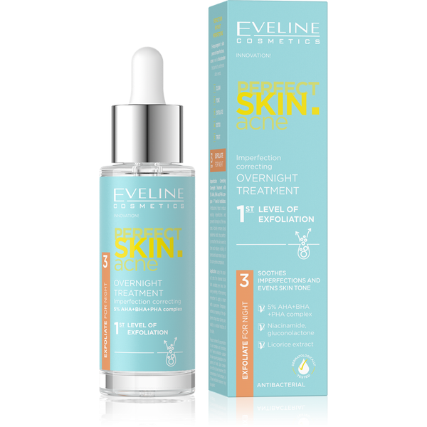Eveline Perfect Skin Acne Kuracja na Noc Korygująca Niedoskonałości 1 Stopień Złuszczania 5% Acid Complex 30ml Best Before 07.09.26