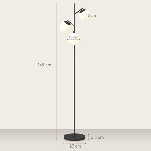 HOMCOM 3-Light Tree Floor Lamps for Living Room, Modern Standing Lamp for Bedroom with Globe Lampshade, Steel Base, Bulb not Included, Black