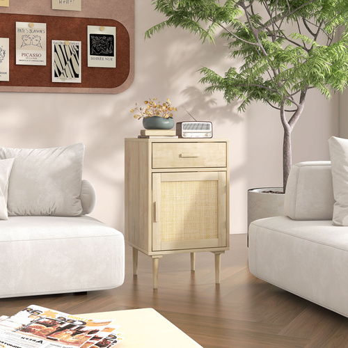 HOMCOM Bedside Table, Rattan Side Tables with Drawer, Cabinet and Adjustable Shelf, Boho Bedside Cabinet with Storage for Bedroom, Living Room, Natural Wood Effect
