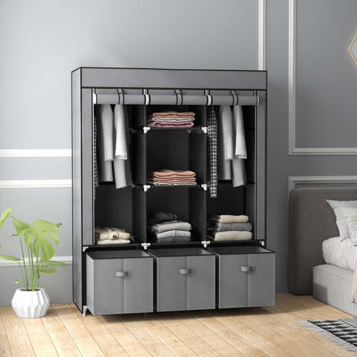 HOMCOM Foldable Fabric Wardrobe for Bedroom, Portable Wardrobe with 5 Shelves, 2 Hanging Rails and 3 Fabric Drawers, Dark Grey