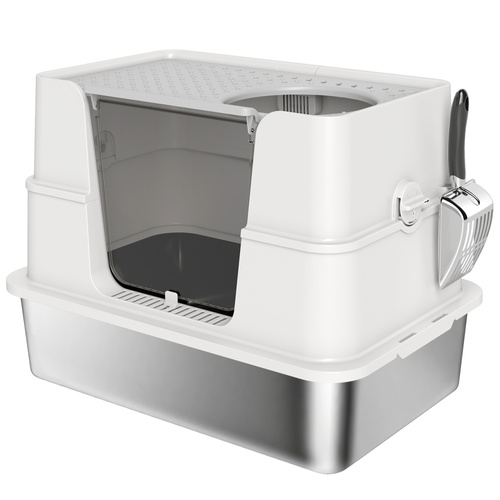 PawHut XL Stainless Steel Litter Box w/ 100° Flip Top, Scoop, Side Top Dual Entry, Odor Free, Easy Cleaning, Anti Leakage
