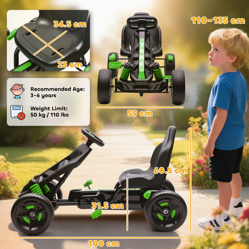 AIYAPLAY Pedal Go Kart for Kids Aged 3-6 Years, with Freewheel System, Brake, EVA Anti-Slip Wheels, Green