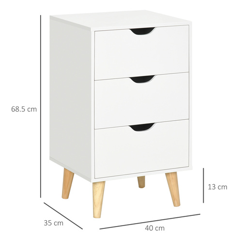 HOMCOM Bedside Table, Bedside Cabinet with 3 Drawers, Side End Table with Pine Wood Legs for Bedroom Living Room, White