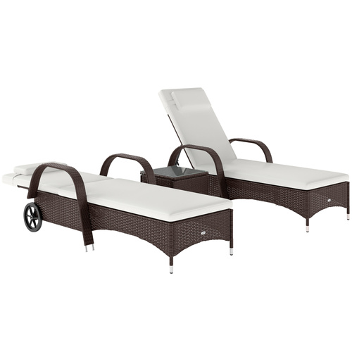 Outsunny Rattan Sun Loungers for Garden Set of 2 with Side Table, Garden Recliner Sunbeds with Adjustable Back, Wheels, Cushions and Headrest, 3 Pieces Garden Furniture Set for Outdoor, Patio, Brown