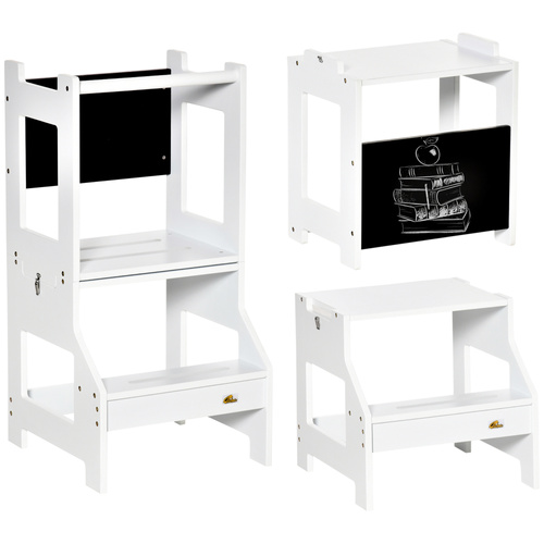 HOMCOM 2 in 1 Kids Kitchen Step Stool with Safety Rail Toddler Steps with Chalkboard for Kitchen Bathroom, White