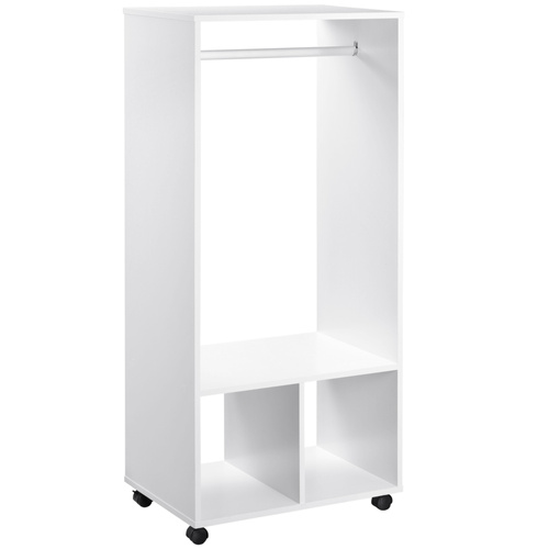 HOMCOM Open Wardrobe on Wheels, Bedroom Wardrobe with Clothes Hanging Rail, 2 Storage Shelves, Mobile Garment Rack for Cloakroom, Hallway, White