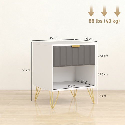 HOMCOM Bedside Table Modern Bedside Cabinet with Drawer and Open Compartment, 45 x 40 x 55, White