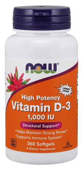 Now Foods Vitamin D-3 1000 IU Wsparcie Odporności Mózgu i Mięśni 360 Kapsułek