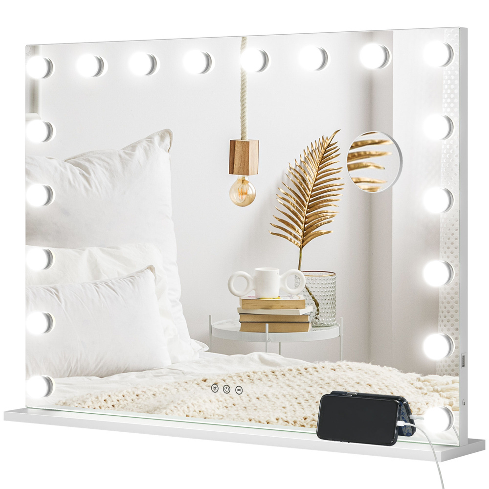 HOMCOM Hollywood Vanity Mirror with Lights, Large 80x62 cm Lighted Makeup Mirror with 3 Colour, 18 LED Bulbs, 10X Magnifying, USB Charging Port, Touch Screen, Tabletop or Wall Mounted Design, White