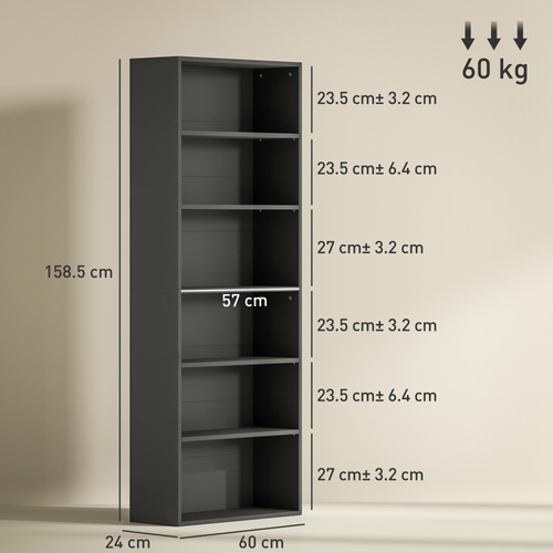 HOMCOM Six Shelf Bookcase - Black