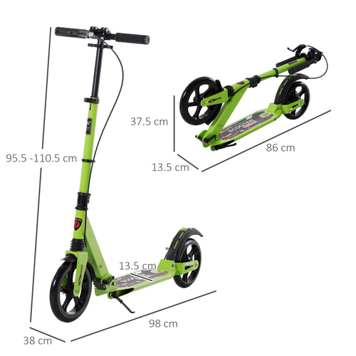 HOMCOM Kick Scooter, Folding 2 Wheel Scooter with Dual Brake System, Dual Suspension, 230mm Big Wheels and 3 Adjustable Handlebar, for 14+ Teens Adults, up to 100KG, Green