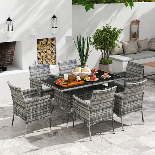 Outsunny 7-Piece Rattan Garden Furniture Set with Cushions, 6 Seater Garden Table and Chairs, Rattan Dining Set with 6 Armchairs, Rectangular Glass Top Table, Grey