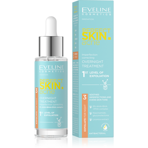 Eveline Perfect Skin Acne Night Treatment Anti Imperfections 1 Level Exfoliation 5% Acid Complex 30ml Best Before 07.09.26