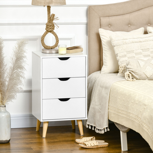 HOMCOM Bedside Table, Bedside Cabinet with 3 Drawers, Side End Table with Pine Wood Legs for Bedroom Living Room, White