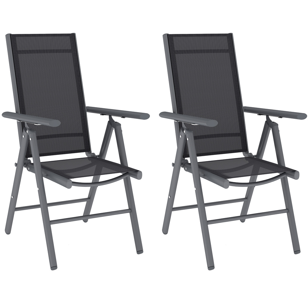Outsunny Set of 2 Folding Garden Chairs, Aluminium Frame Outdoor Dining Chairs with Breathable Mesh Back and Seat, Garden Folding Chair Set with Armrests for Balcony, Dark Grey