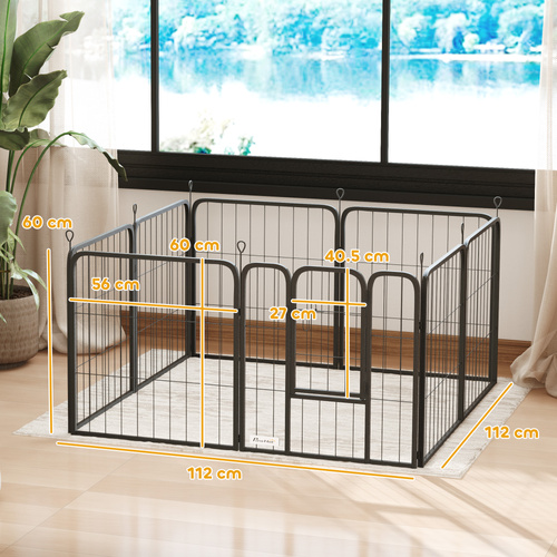 PawHut Eight-Panel Dog Playpen with Door, for Large Dogs, Indoors, Outdoors, 60cm Tall, Black