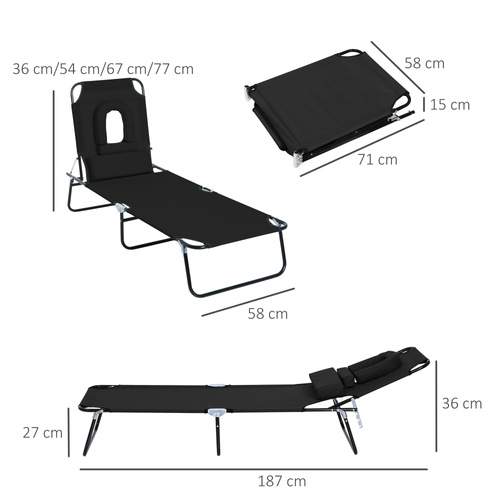 Outsunny Outdoor Folding Sun Lounger with Face Hole, 4 Level Adjustable Backrest Reclining Garden Lounger, Garden Recliner Sunbed with 600 D Oxford Cloth Seat and Pillow for Beach, Black