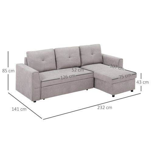 HOMCOM 3 Seater Sofa Bed, Pull Out Sofa Bed with Storage for Living Room, Light Grey