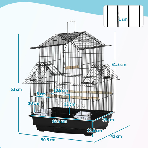 PawHut Metal Bird Cage with Plastic Swing Perch Food Container Tray Handle for Finch Canary Budgie 43.5 x 33 x 63 cm, Black