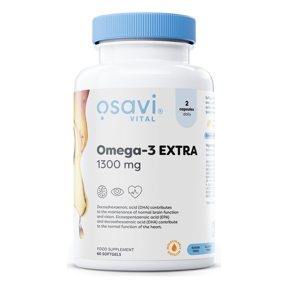 Osavi Omega-3 Extra 1300mg Destylowany Molekularnie Olej Rybi na Wsparcie Serca i Mózgu 60 Kapsułek