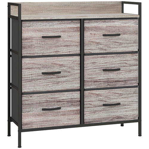 HOMCOM Rustic Chest of Six Fabric Drawers - Grey Wood Effect
